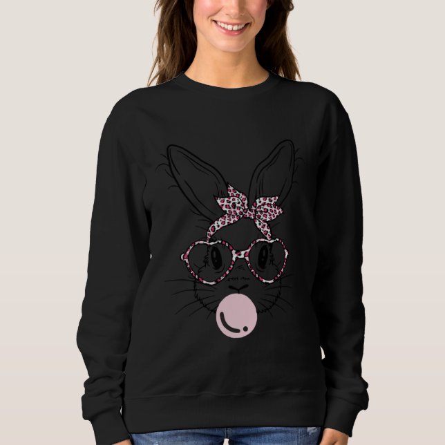 Bunny Face Leopard Glasses Bubble Gum Easter Day Sweatshirt (Front)