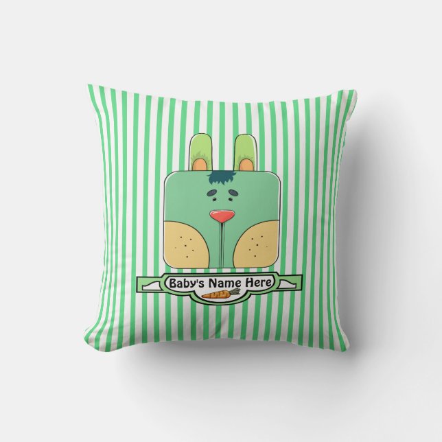 Bunny Face on Stripes - Green (Personalized) Throw Pillow (Front)