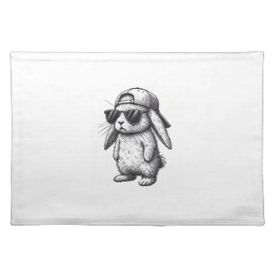 Bunny Face With Sunglasses Cap Easter Day for Boys Cloth Placemat
