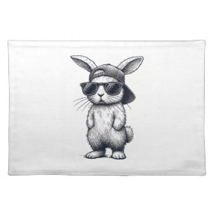 Bunny Face with Sunglasses Cap Easter Day for Boys Cloth Placemat