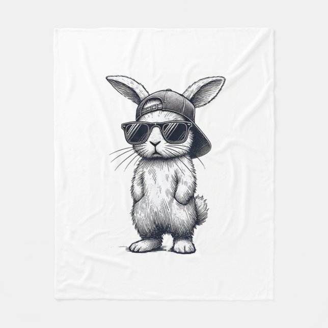 Bunny Face with Sunglasses Cap Easter Day for Boys Fleece Blanket (Front)