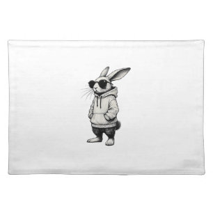 Bunny Face with Sunglasses Easter Day for Boys Men Cloth Placemat