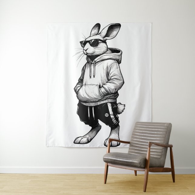 Bunny Face With Sunglasses Happy Easter Day Tapestry (In Situ)