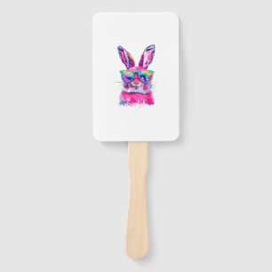 Bunny Face with Tie Dye Glasses Happy Easter Day M Hand Fan