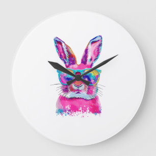 Bunny Face with Tie Dye Glasses Happy Easter Day M Large Clock