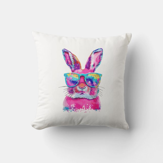Bunny Face with Tie Dye Glasses Happy Easter Day M Throw Pillow (Front)