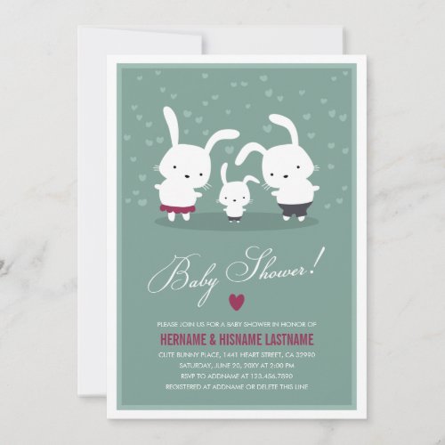 Bunny Family Couples Baby Shower Invitation Teal