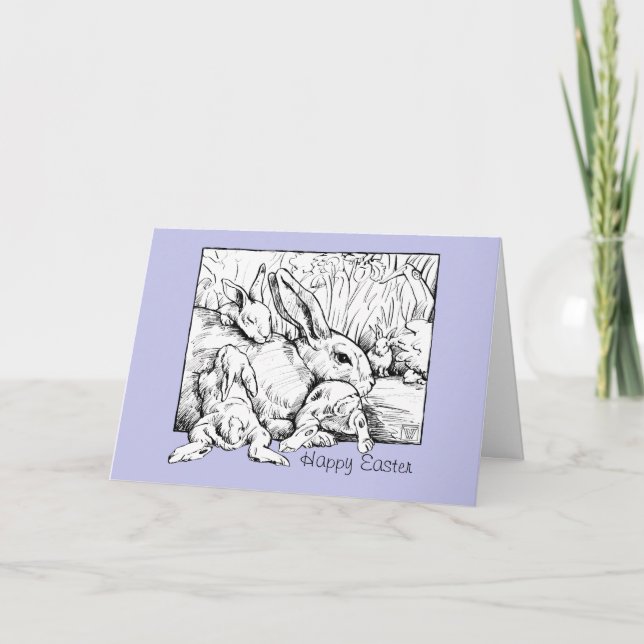 Bunny Family Easter Card, Blue Holiday Card (Front)