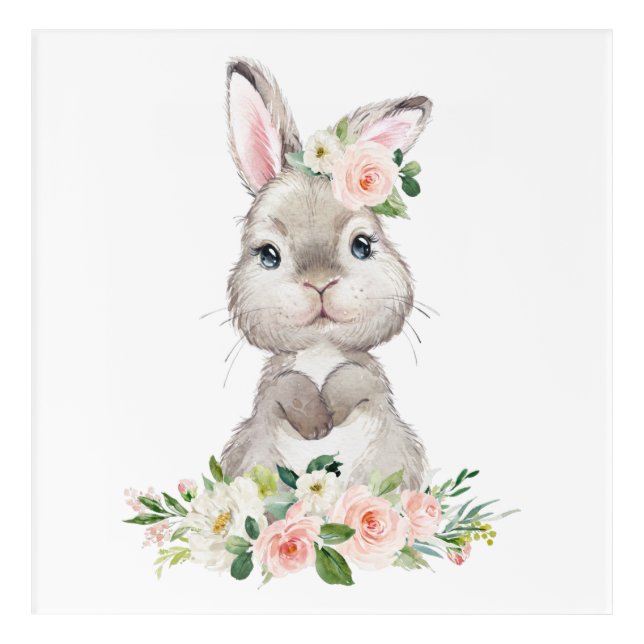 Bunny, Farm Animals, Pink Flowers, Girl Nursery Acrylic Print (Front)