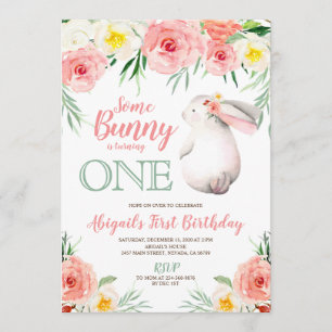 Bunny first birthday invitation girls floral