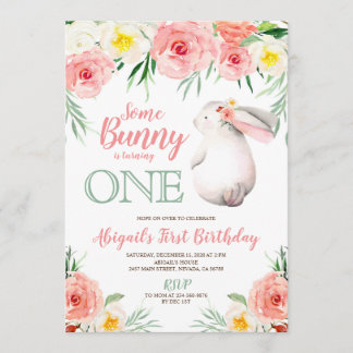 Bunny first birthday invitation girls floral