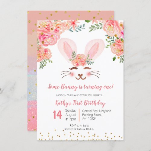 Bunny first birthday invitation girls floral