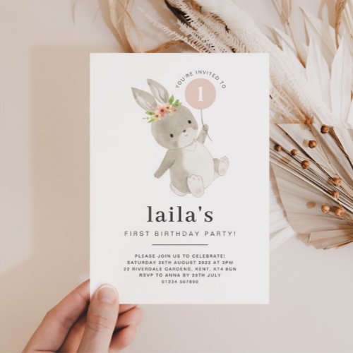 Bunny First Birthday Invitation Pink Balloon