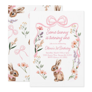 Bunny first birthday invitation wildflowers bow