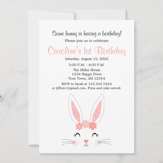 Bunny First Birthday Party Invitation (Front)