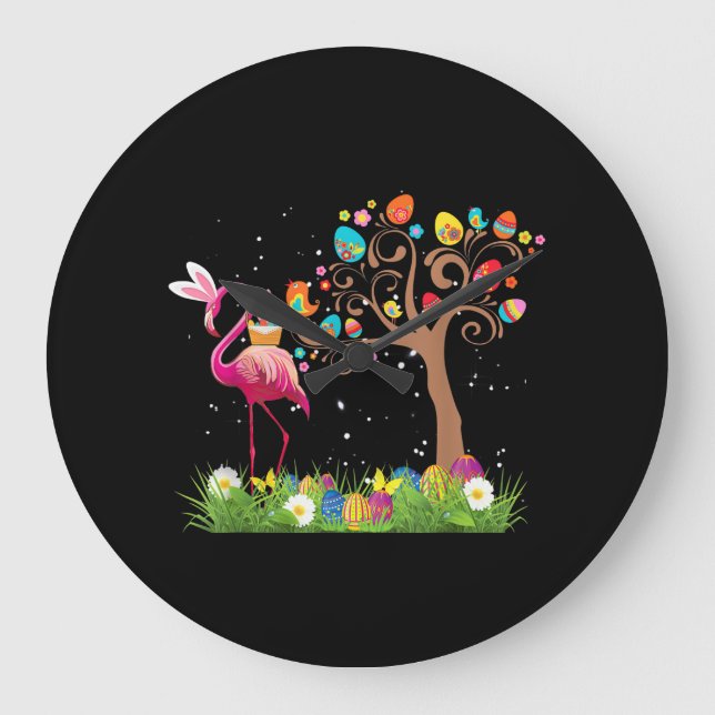 Bunny Flamingo Easter 2021 | Cute Flamingo Lovers Large Clock (Front)
