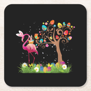 Bunny Flamingo Easter 2021   Cute Flamingo Lovers Square Paper Coaster