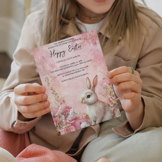 Bunny Floral and eggs pink happy Easter   Invitation (Creator Uploaded)