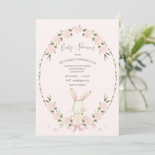 Bunny Floral Hydrangeas Pink Girl Baby Shower Invitation