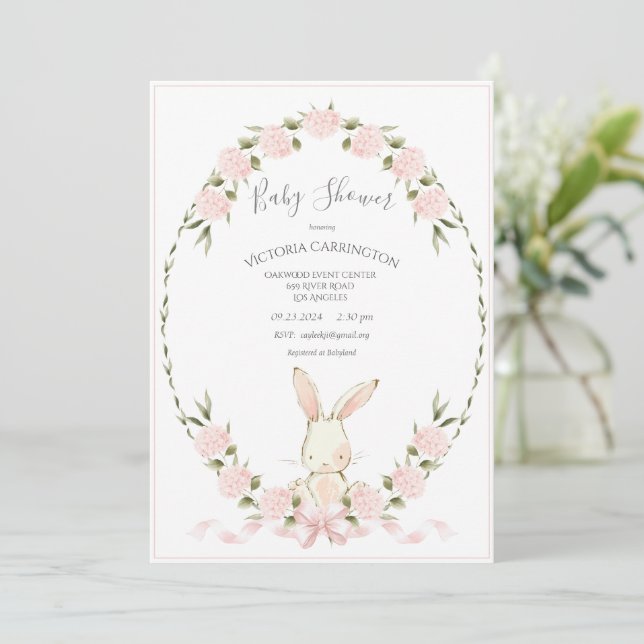 Bunny Floral Hydrangeas Pink Girl Baby Shower Invitation (Standing Front)