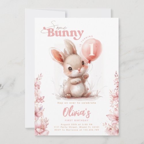 Bunny Floral Pink 1st First Birthday Invitation
