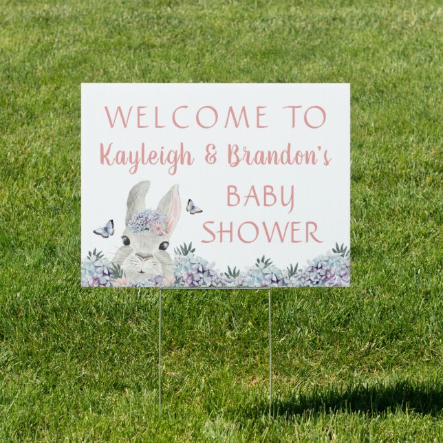Bunny Floral Pink Purple Pink Baby Shower Welcome Sign (Insitu)