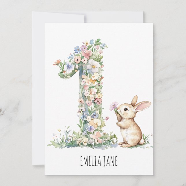 Bunny Floral Watercolour 1st Birthday Invitatiion Invitation (Front)