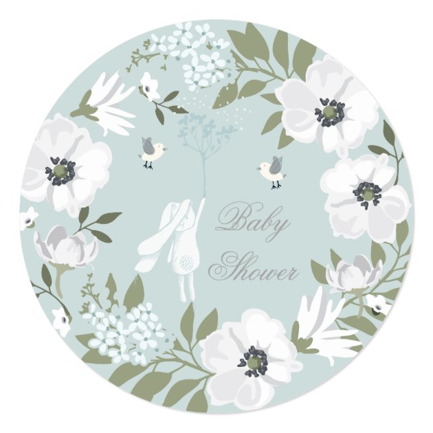 Bunny Floral Wreath Boy Baby Shower Invitation
