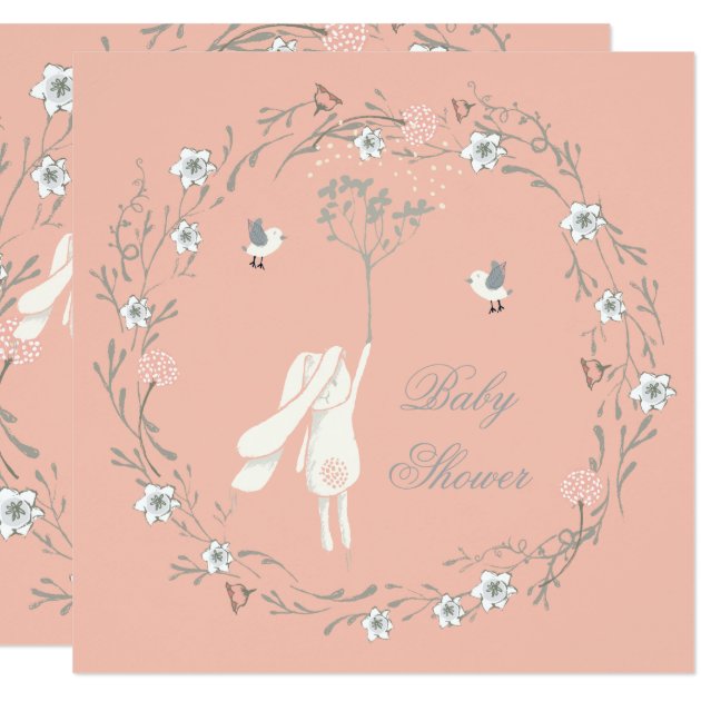 Bunny Floral Wreath Dandelions Baby Shower Invitation