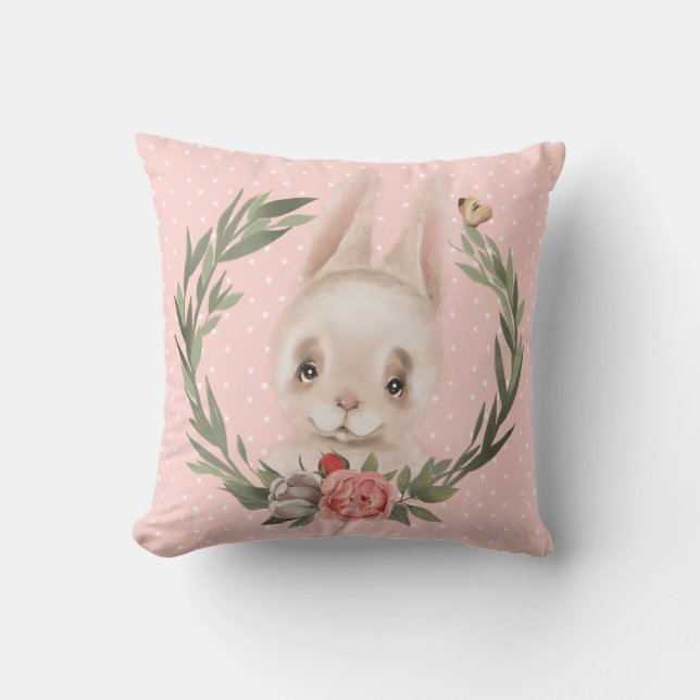 Bunny Floral Wreath  Throw Pillow (Front)
