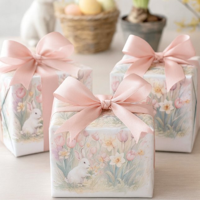 Bunny Florals for Spring-Easter  Wrapping Paper Sheets (Wrapped in bunny florals with blush bows, these spring gifts charm any Easter table setting.)