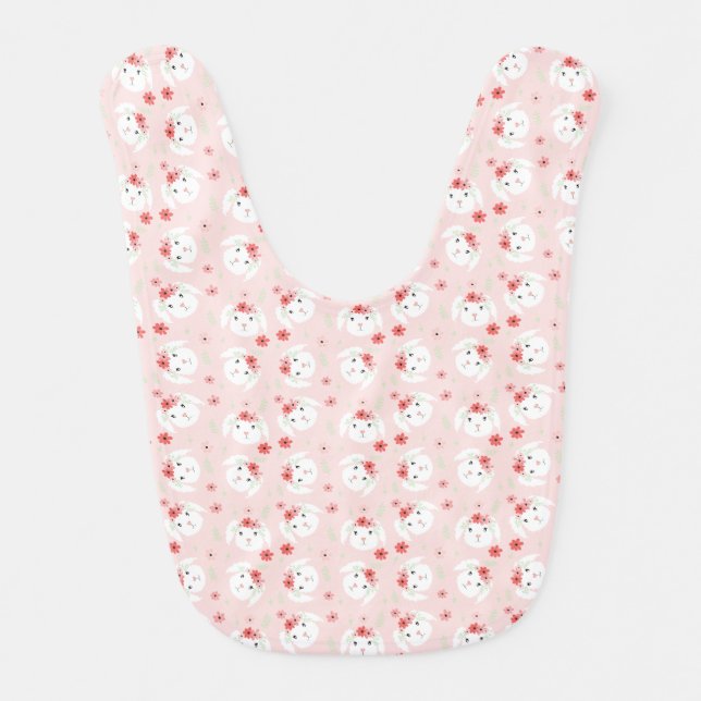 Bunny Flower Crown Pink Baby Bib (Front)