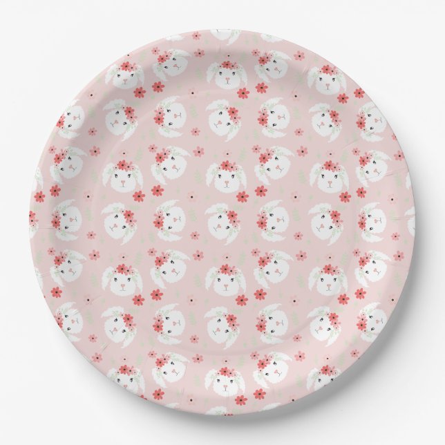 Bunny Flower Crown Pink Paper Plates (Front)