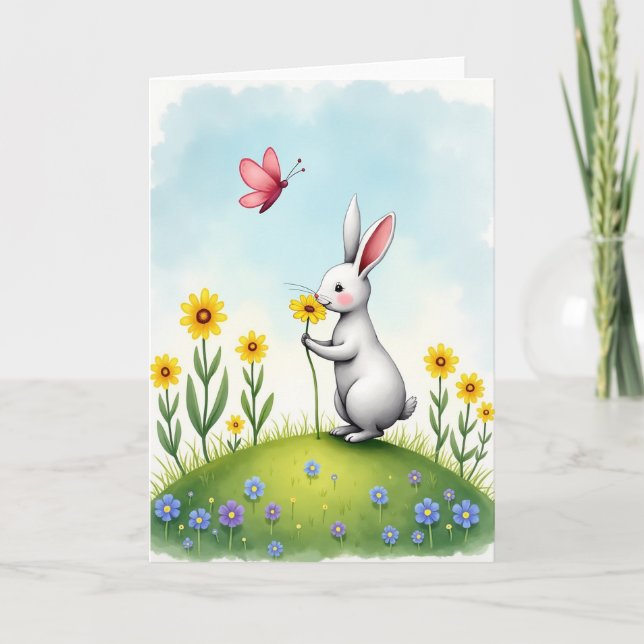 Bunny Flower Sniff Cute Card (Front)
