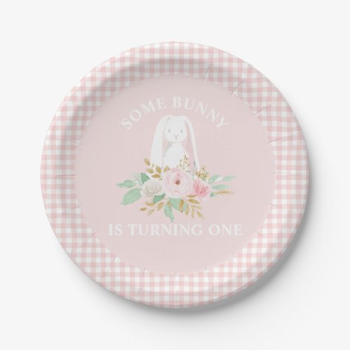 Bunny Flowers and Pink Gingham Birthday Paper Plates