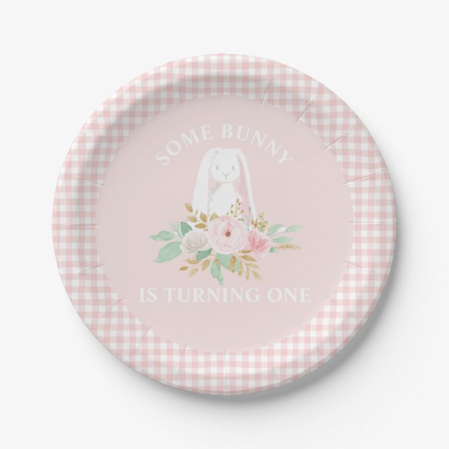 Bunny Flowers and Pink Gingham Birthday Paper Plates (Front)