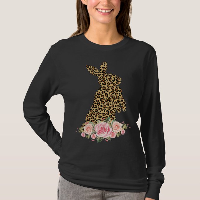 Bunny Flowers Leopard Print Girls Women Happy East T-Shirt (Front)