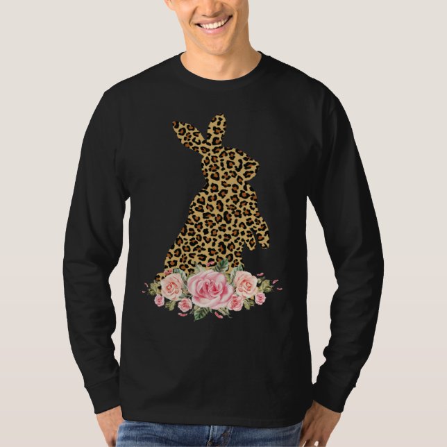 Bunny Flowers Leopard Print Girls Women Happy East T-Shirt (Front)