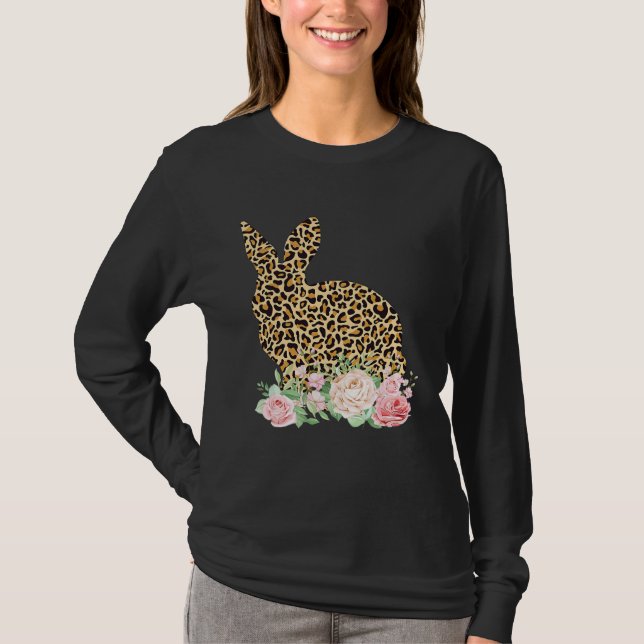 Bunny Flowers Leopard Print Girls Women Happy East T-Shirt (Front)