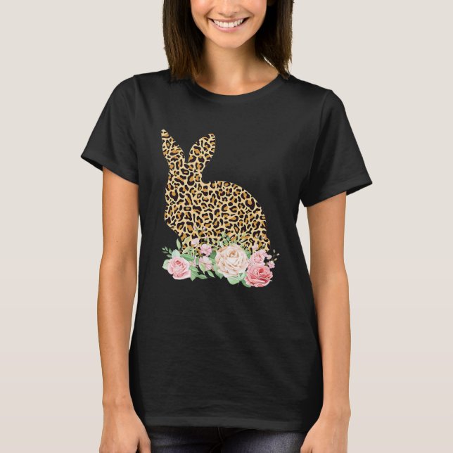 Bunny Flowers Leopard Print Girls Women Happy East T-Shirt (Front)