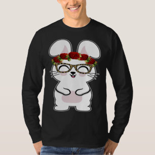 Bunny Flowers Leopard Print Glasses Happy Easter W T-Shirt