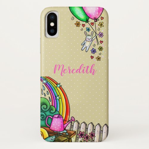  Bunny Flying with Balloons in Rainbow Garden  iPhone X Case