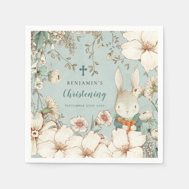 Bunny Foliage Christening Baptism Name Powder Blue Napkins (Front)