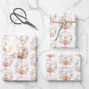 Bunny Foliage Florals Pattern Baby Girl Wrapping Paper Sheets