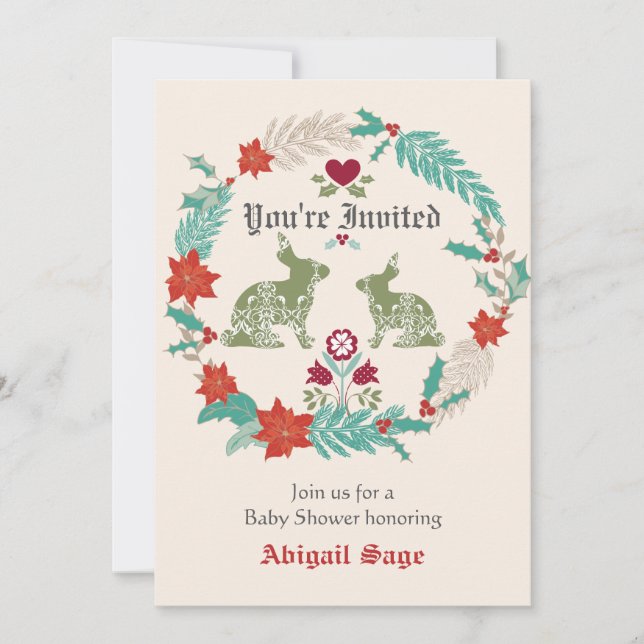 Bunny Folk Art Wreath Winter Neutral Baby Shower Invitation (Front)