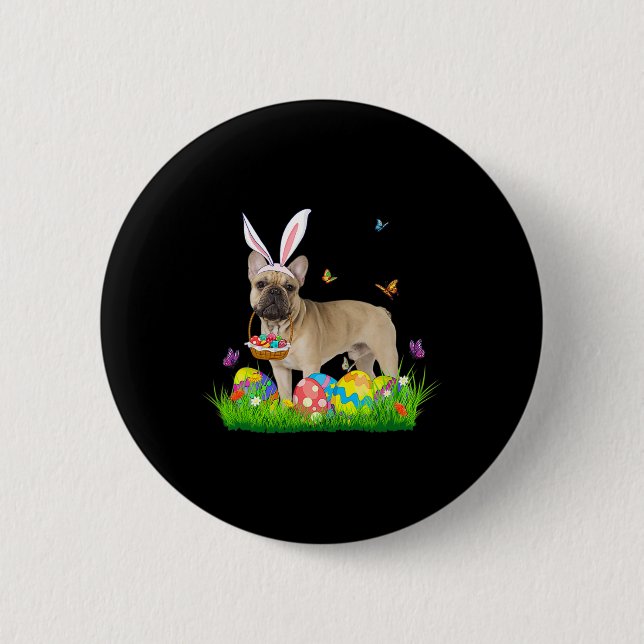 Bunny French Bulldog With Egg Basket Easter Huntin Button (Front)
