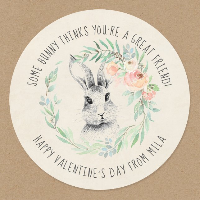 Bunny Friend Kids Classroom Valentine's Day Party Classic Round Sticker (Creator Uploaded)