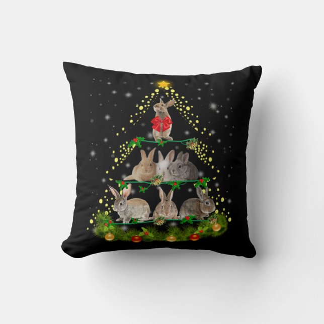 Bunny Gift | Bunny Rabbit Christmas Tree Light Throw Pillow (Front)