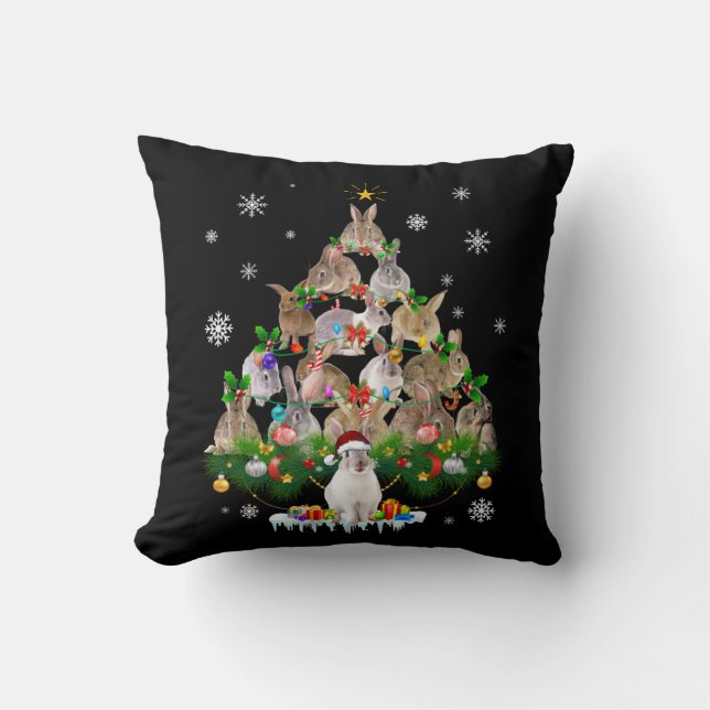 Bunny Gift | Cute Rabbit Christmas Tree Snow Throw Pillow (Front)