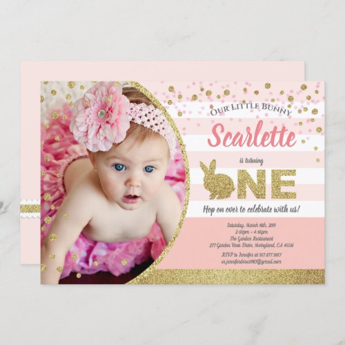 Bunny girl 1st birthday photo invitation pink gold